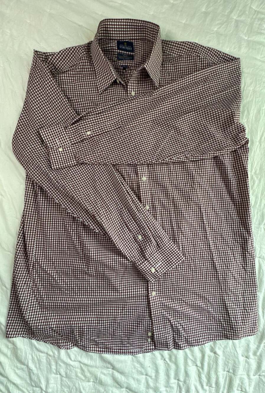 Stafford Dress Shirt Size 19 38-39 Burgundy Gingham Long Sleeve